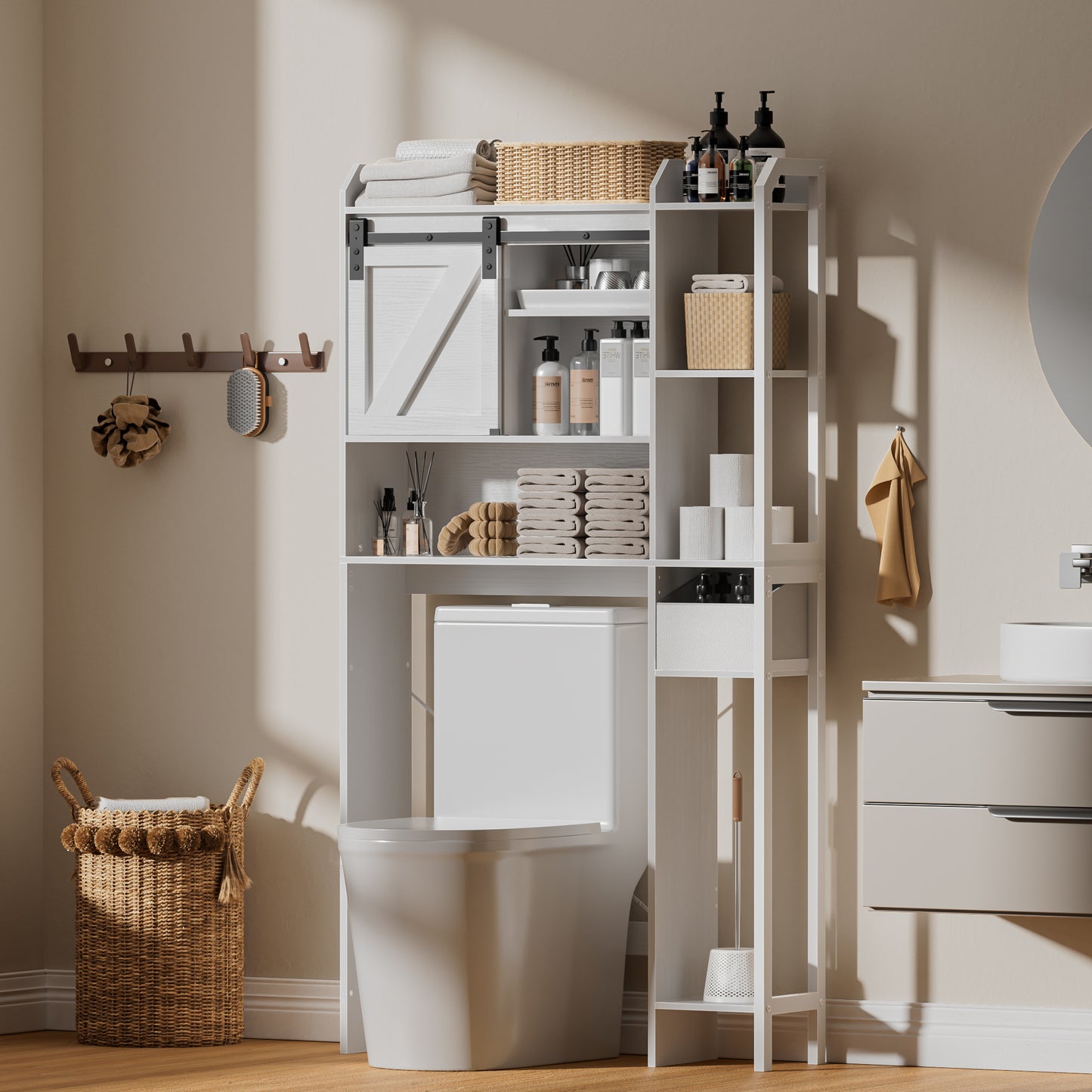 Hexmn Over The Toilet Storage Cabinet with Sliding Barn Door, 6-Tier Freestanding Bathroom Shelf Farmhouse Organizer with Shelves, Paper Holder and Racks, Farmhouse Toilet Cabinet for Laundry, White