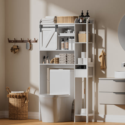 Hexmn Over The Toilet Storage Cabinet with Sliding Barn Door, 6-Tier Freestanding Bathroom Shelf Farmhouse Organizer with Shelves, Paper Holder and Racks, Farmhouse Toilet Cabinet for Laundry, White