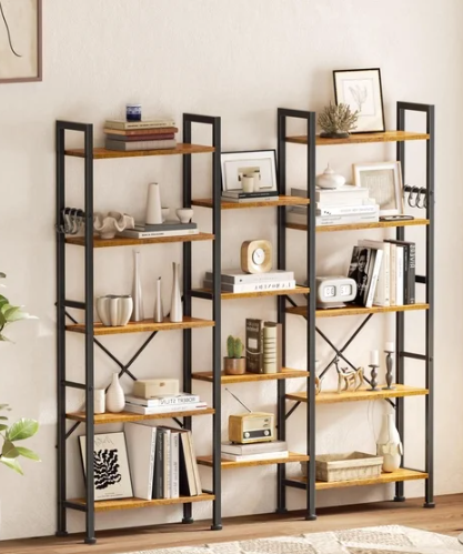 Hexmn 61" Tall Bookshelf, 5 Tier Large Bookcase with Waterproof Wood Shelves, Heavy Duty Metal Frame with X-Brace, Anti-Falling Design, Vintage Industrial Storage Rack