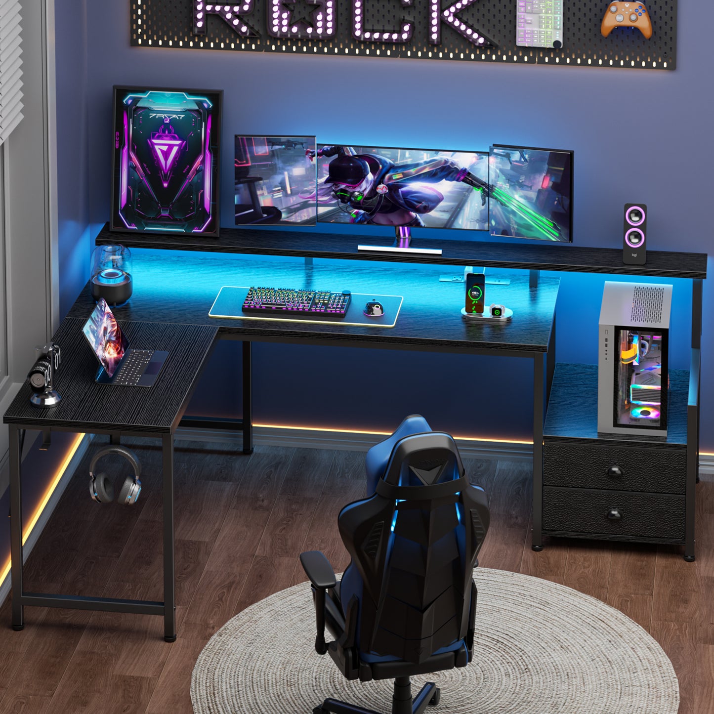 Satifur 66" L-Shaped Gaming Desk with LED Lights & Power Outlets, Computer Desk with Drawers & Printer Stand, Black