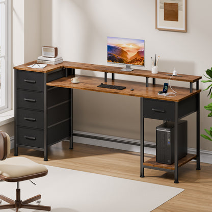 Satifur Gaming Desk with LED Lights & Power Outlets, 55" Computer Desk with 5 Fabric Drawers & Open Storage, Reversible Home Office Desk,retro Brown