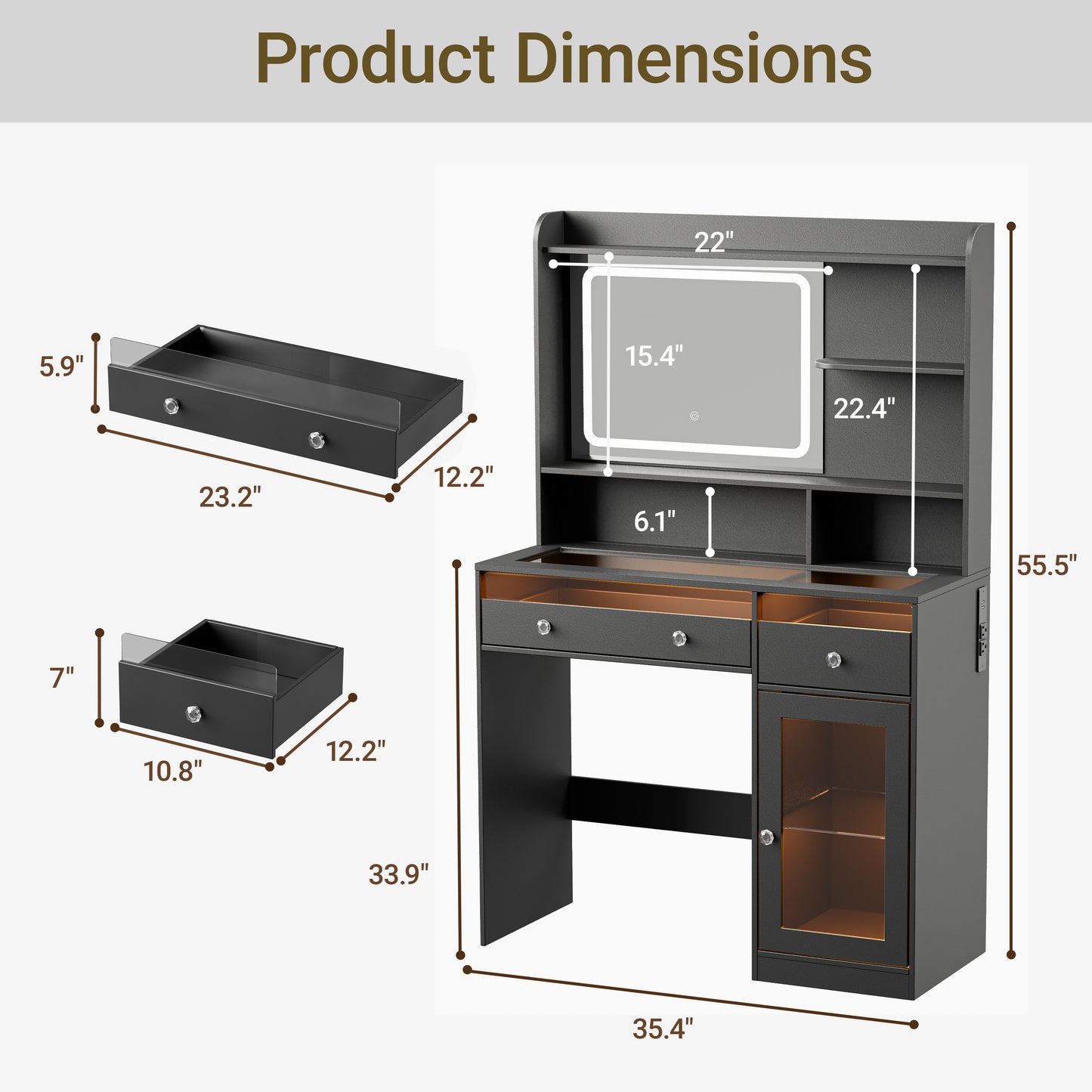 Satifur Modern LED Vanity Desk with Charging Station,Visible Tabletop & Storage, Black Makeup Table for Bedroom