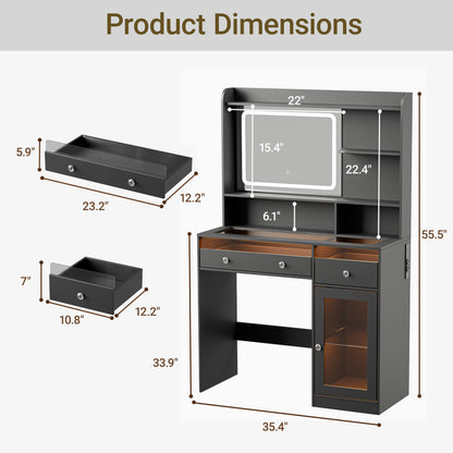Satifur Modern LED Vanity Desk with Charging Station,Visible Tabletop & Storage, Black Makeup Table for Bedroom