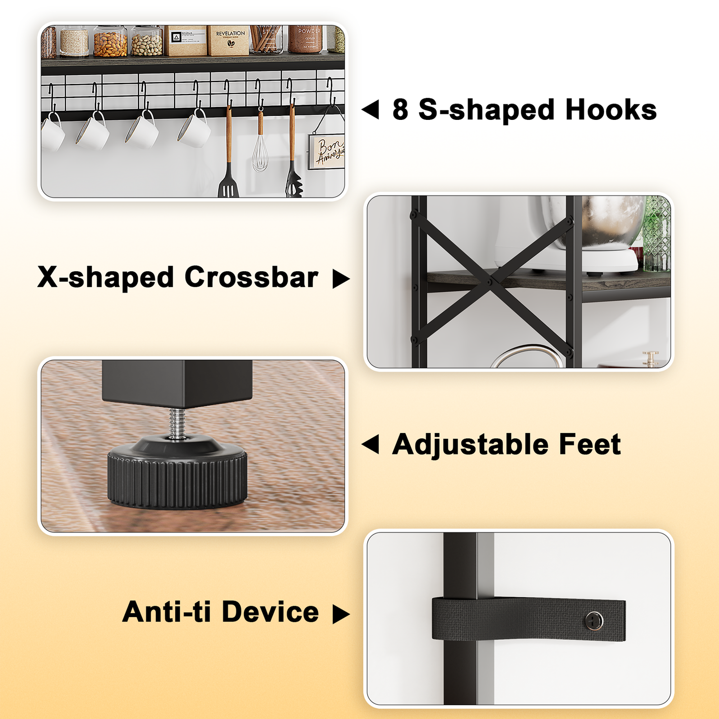 Tydimor Bakers Rack with 8 Hooks, Kitchen Microwave Stand, 4-Tier Coffee Bar Table, Space-Saving Kitchen Storage Shelf, Light Black Oak