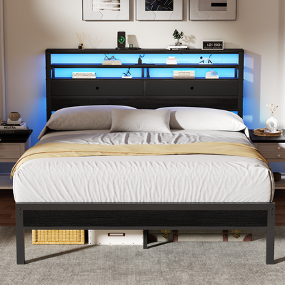 Satifur Queen Size Bed Frame with 2 Storage Drawers Headboard, LED & Charging Station, Black oack