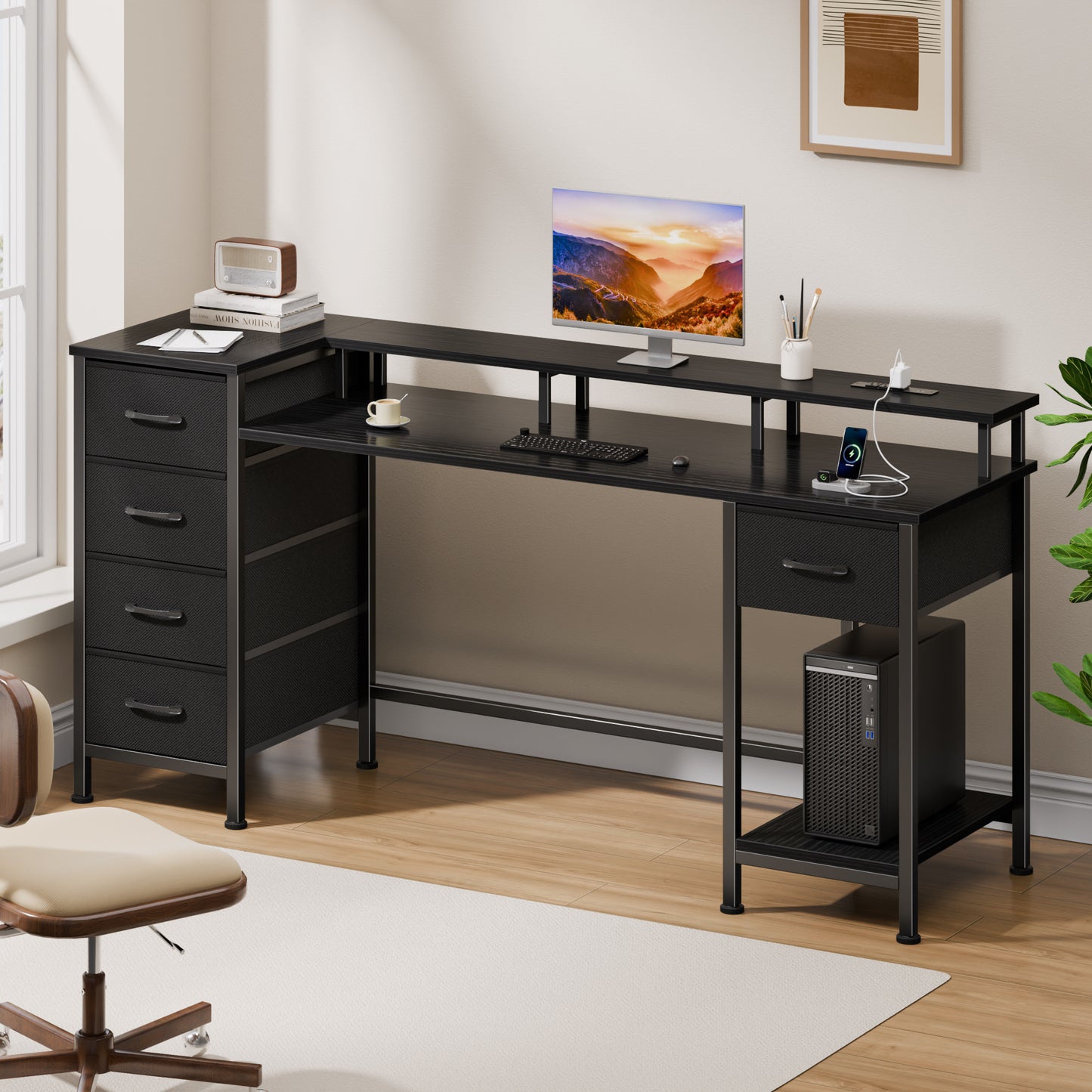 Satifur Gaming Desk with LED Lights & Power Outlets, 55" Computer Desk with 5 Fabric Drawers & Open Storage, Reversible Home Office Desk,Black