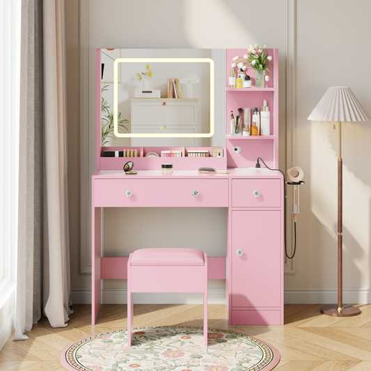 Satifur Vanity Desk with Mirror & Lights, GRWM Vanity Table with Drawers & Storage Shelves, Makeup Dressing Table with Stool & Charging, Pink