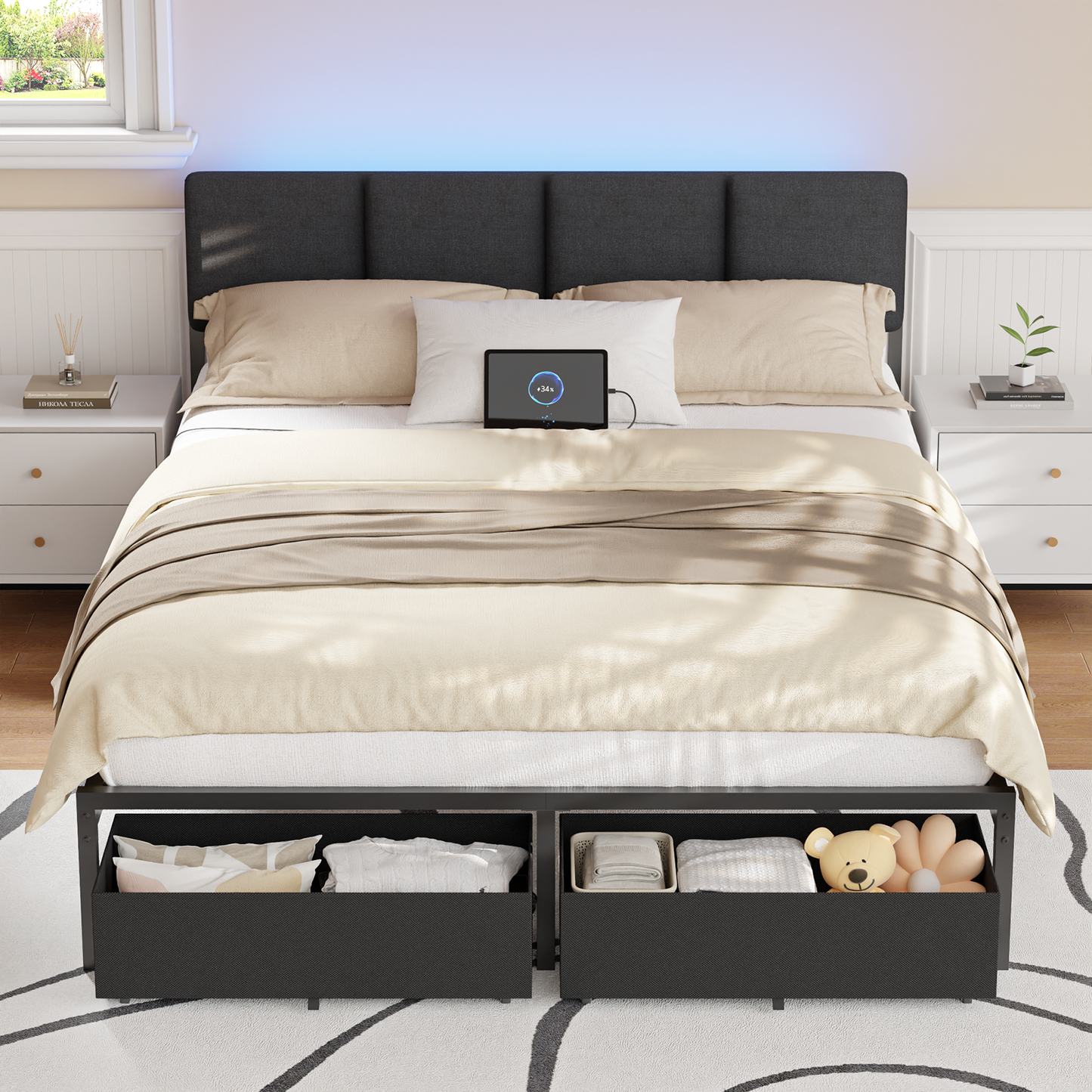 Satifur Queen Bed Frame with 2 Drawers & 2 USB Ports and Outlets, No Box Spring Needed