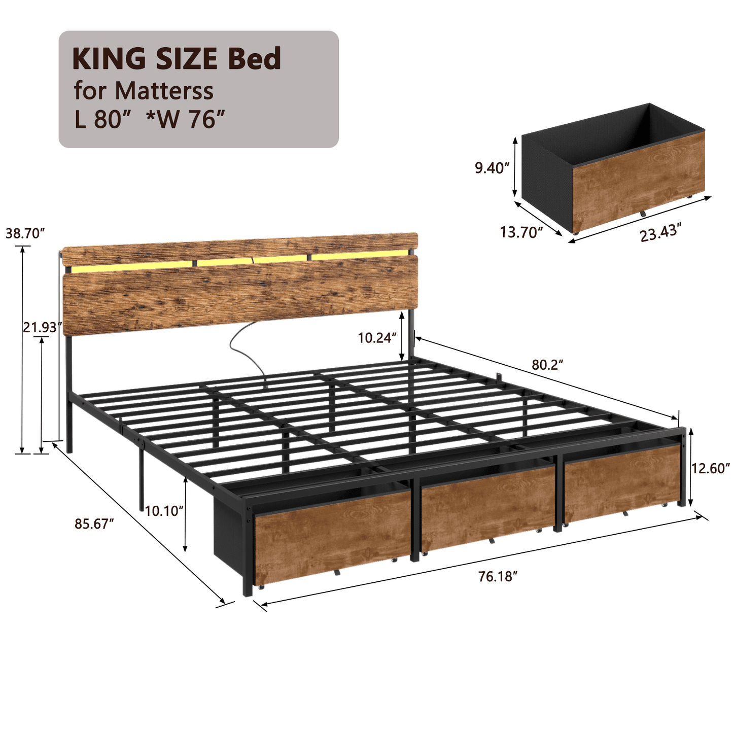 Tydimor King Size Bed Frame with 3 Drawers & LED Lights & Charging Station, Beds with Headboard & 10.10" Under Bed Storage, No Box Spring Needed, Easy Assembly, Rustic Brown