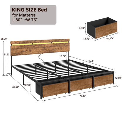 Tydimor King Size Bed Frame with 3 Drawers & LED Lights & Charging Station, Beds with Headboard & 10.10" Under Bed Storage, No Box Spring Needed, Easy Assembly, Rustic Brown