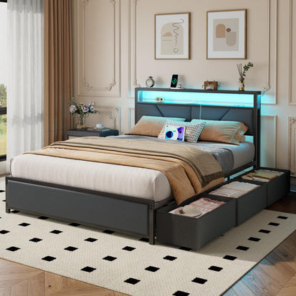 Tydimor Queen Bed Frame with 6 Storage Drawers, Metal Platform Bed Frame with 2-Tier Storage Upholstered Headboard & LED, Built in Charging Station, Noise-Free, No Box Spring Needed, Black