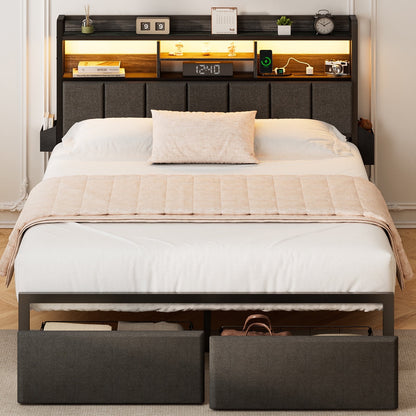 Hexmn Fabric Upholstered Smart Gaming Bed Frame Full Size with Storage Drawers, USB Ports and Outlets, No Box Spring Needed