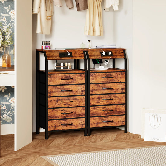 Satifur Nightstand with Charging Station, Bedside Dresser with 5 Fabric Drawers and Storage Shelves for Bedroom, Rustic Brown