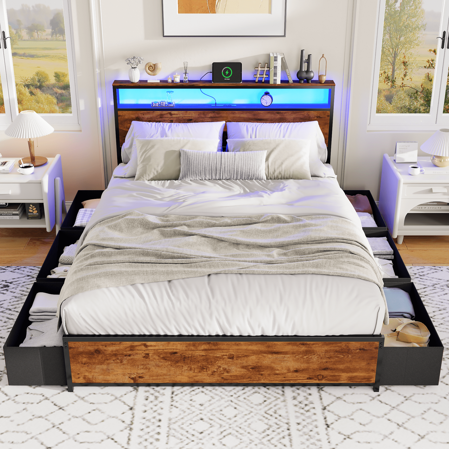 Tydimor Queen Bed Frame with 6 Storage Drawers, Metal Platform Bed Frame with 2-Tier Storage Headboard & LED, Built in Charging Station, Noise-Free, No Box Spring Needed, Rustic Brown