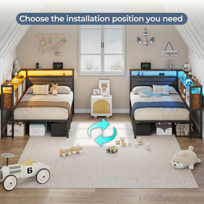 Tydimor L-Shaped Corner Bed Frame with 3 Storage Drawers, 3 Cubbies & Double-Layer Shelf, LED Lights & Power Outlet, Corner Twin Beds for Living Room, Bedroom and Guest, Rustic Brown