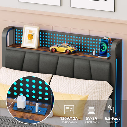 Hexmn Twin Size Metal Smart Bed Frame with Upholstered Headboard, LED Lights, USB Ports and Outlets, Storage Shelves & Underbed