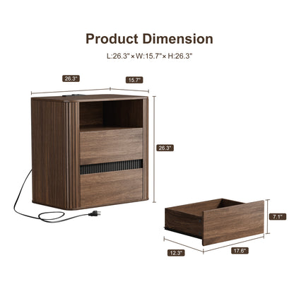 Satifur 2-Drawer Fluted Nightstand, Wood Bedside Table with Charging Station, End Table for Living Room Bedroom,Walnut,Set of 2