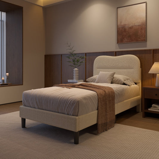 Tydimor Twin Bed Frame with Teddy Velvet Soft Curved Headboard, Platform Bed Easy Assembly, Noise-Free, Beige