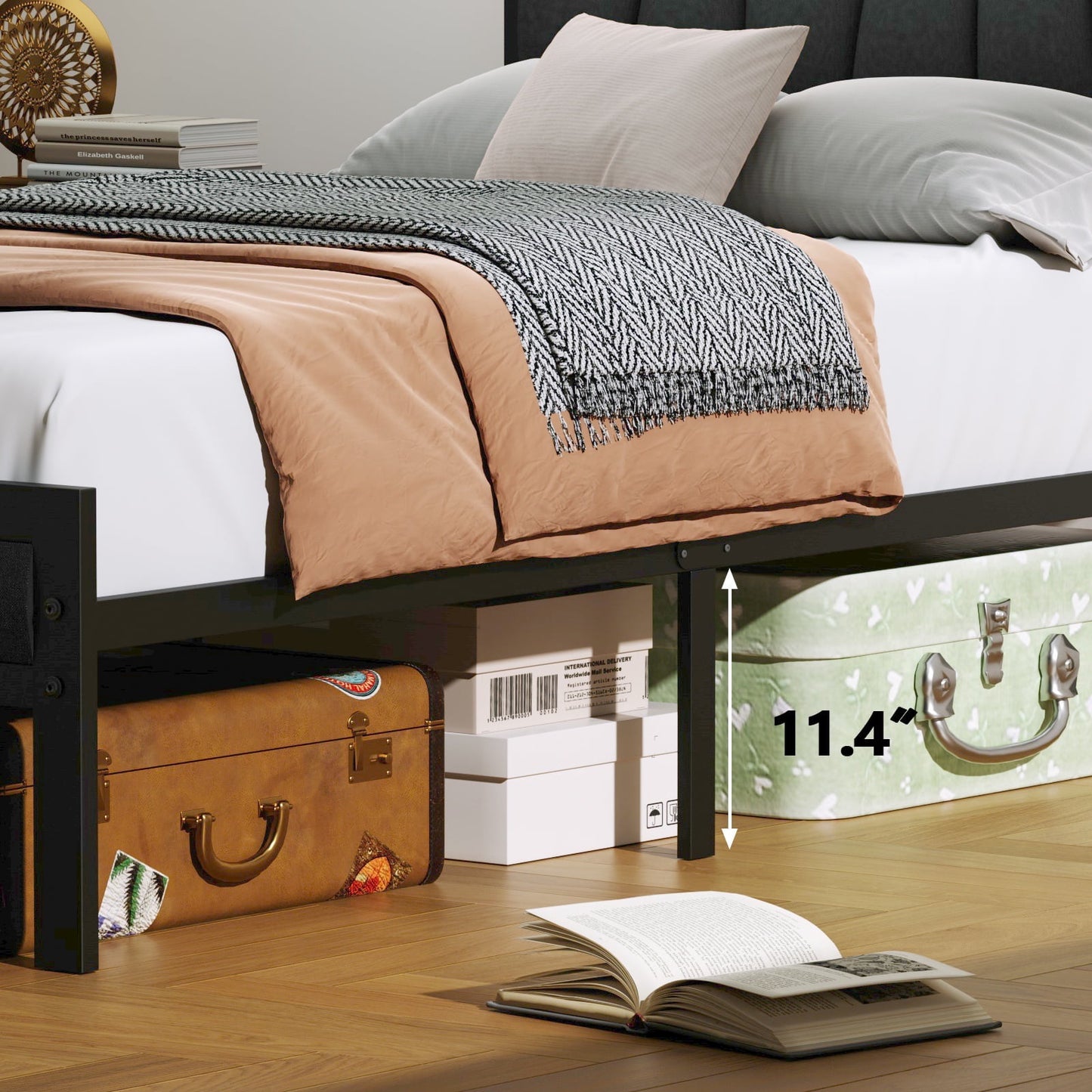 Hexmn Twin Size Metal Smart Bed Frame with Upholstered Headboard, LED Lights, USB Ports and Outlets, Storage Shelves & Underbed