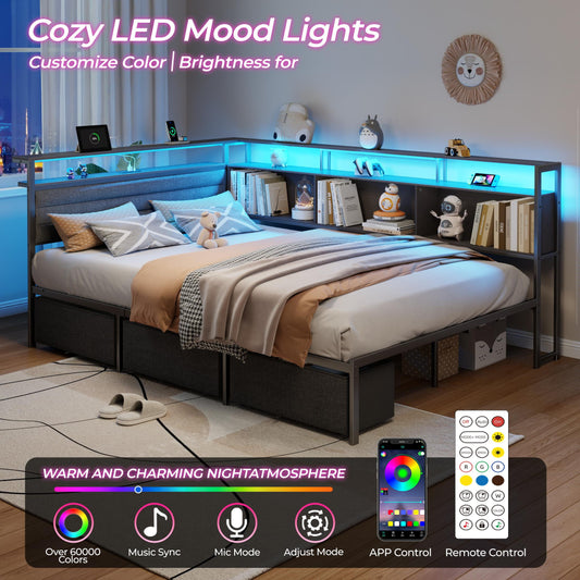 Tydimor L-Shaped Corner Bed Frame with 3 Storage Drawers, 3 Cubbies & Double-Layer Shelf, LED Lights & Power Outlet, Corner Full Beds for Living Room, Bedroom and Guest, Black