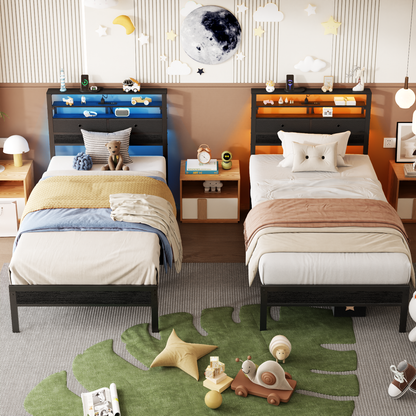 Satifur Twin Size Bed Frame with 2 Storage Drawers Headboard, LED & Charging Station, Black oack