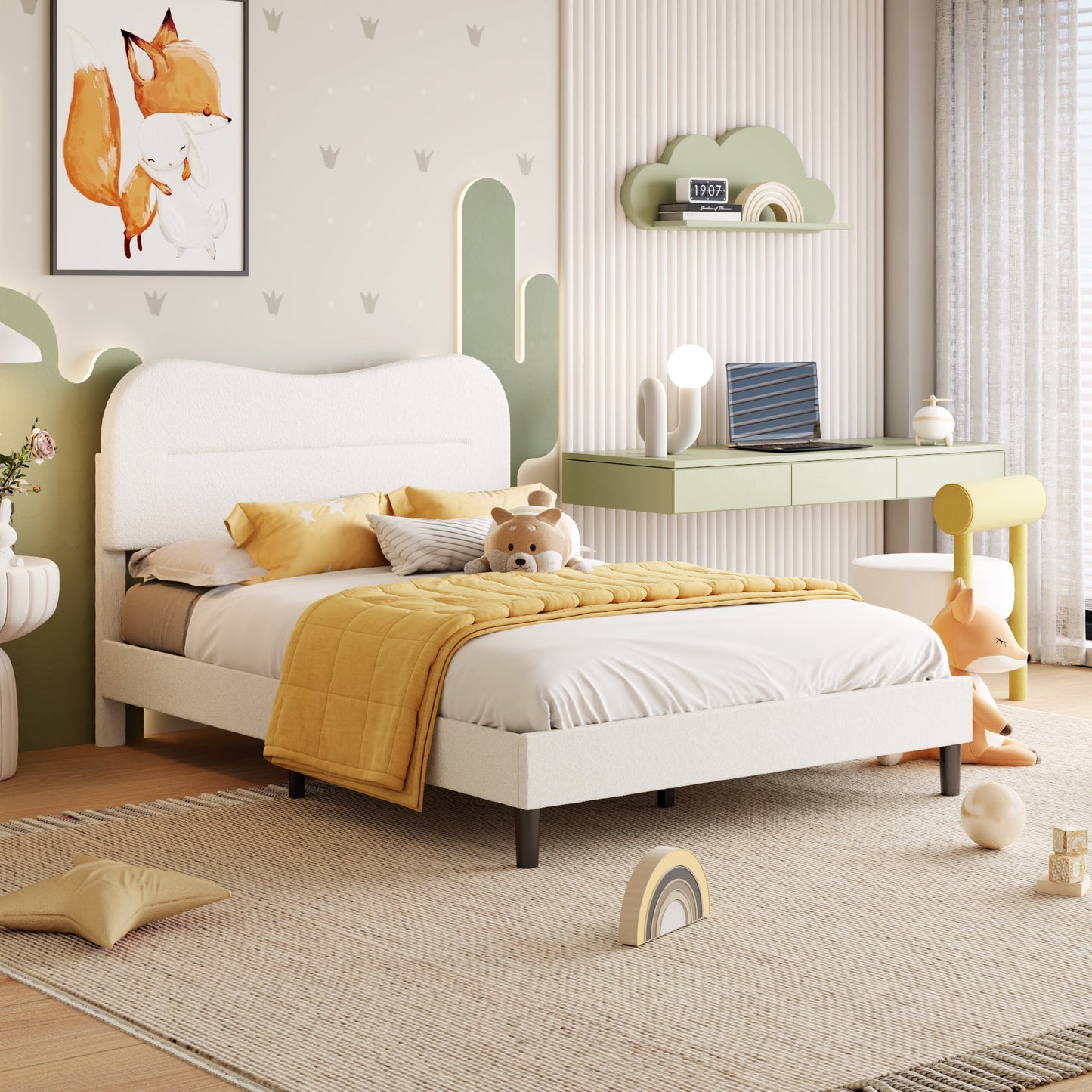 Satifur Full Bed Frame with Teddy Velvet Soft Curved Headboard, Platform Bed with Wooden Slats Support, Easy Assembly, Noise-Free, White