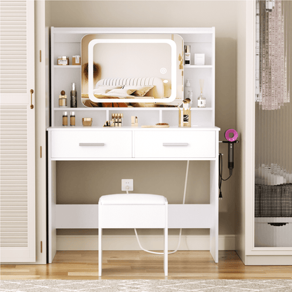 Hexmn lighted makeup vanities with stools, dressing Vanity tables with USB Power outlet, sliding mirror & storage shelves