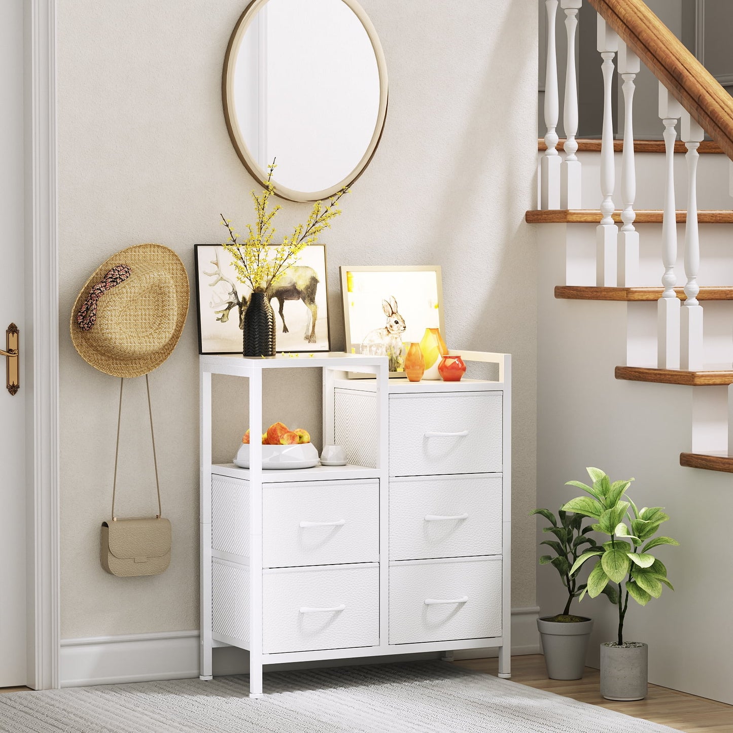 Satifur Nightstand for Bedroom, 3 Tier Wide Dresser with 5 Fabric Drawers, Wood Top and Metal Frame, White