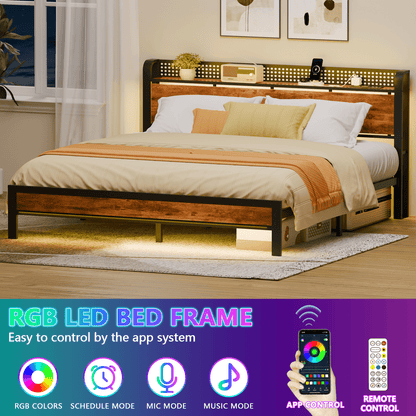 Hexmn King RGB LED Strip Platforrm Bed Frames with Headboard Metal, Storage Shelves & Underbed, Niose Free, No Box Spring Needed