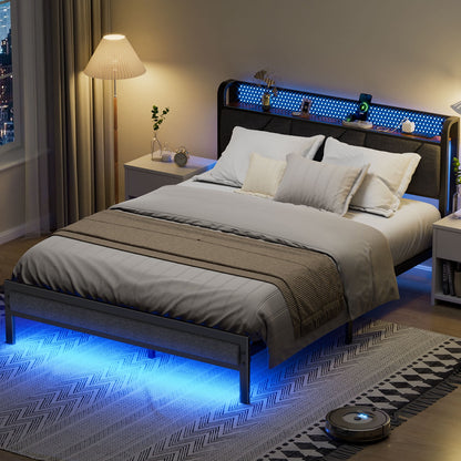 Satifur Queen Bed Frame with Upholstered Storage Headboard, Metal Platform Bed Station with Charging Station & LED, Noise-Free.No Box Spring Needed