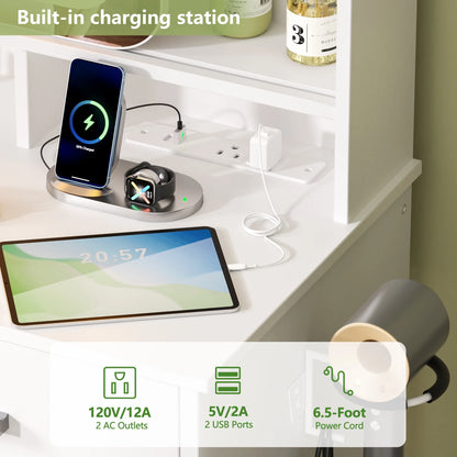 Tydimor Vanity Set with Sliding Mirror & Lights, Women Dressing Table with Outlets, Makeup Vanity Desk with Drawers & Stool