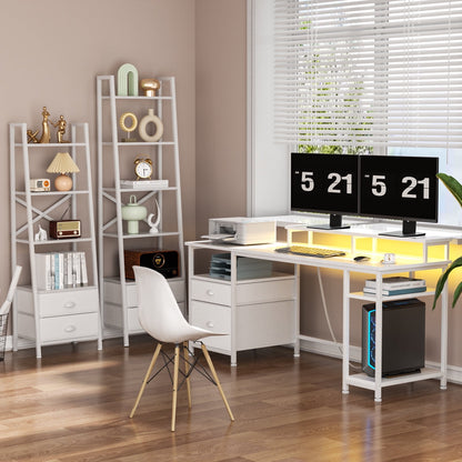 Hexmn White Multi-Functional Computer Desk with Dual Monitor Stand, Adjustable Shelves & RGB LED Lighting
