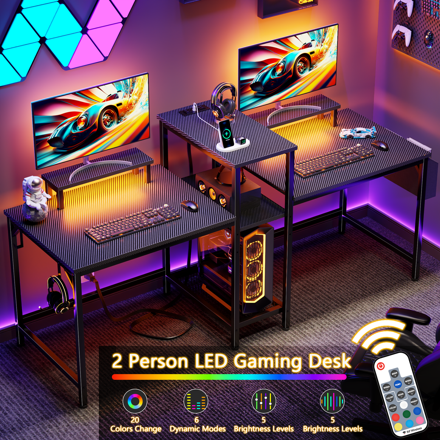 Satifur 71 Inch 2 Person Gaming Desk with Storage Shelves, Double Home Office Computer Writing Desks with USB Charging Port & LED Lights,Black