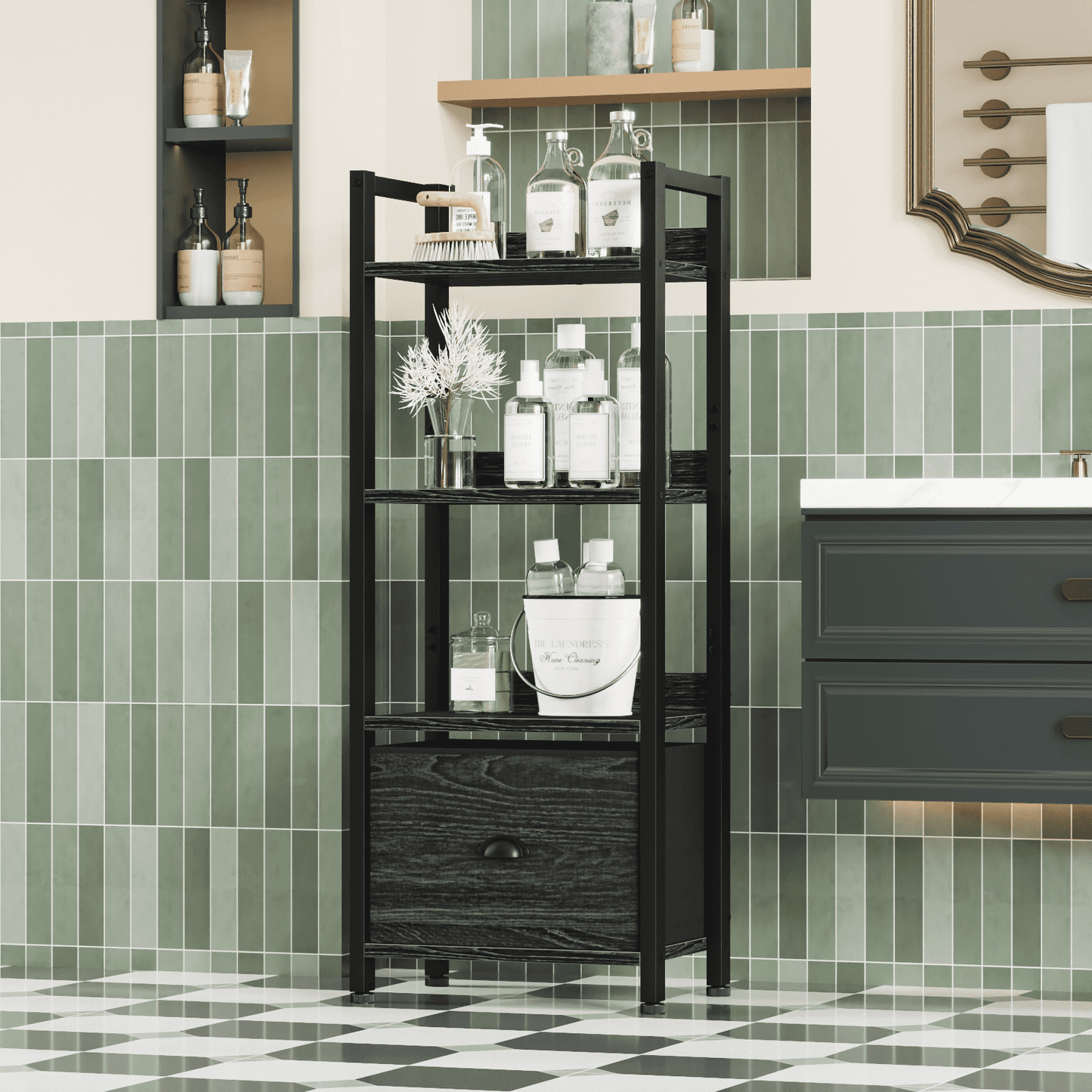 Satifur 4 Tier Ladder Bookcase with Removable Drawer Tall Standing Bookshelf,Black Oak