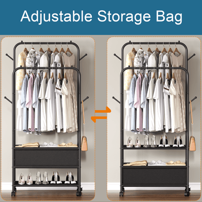Satifur Double Rail Clothes Rack on Wheels, Heavy Duty Clothes Hanging Rack, Free Standing Garment Rack with Clothes Storage Bag, Black
