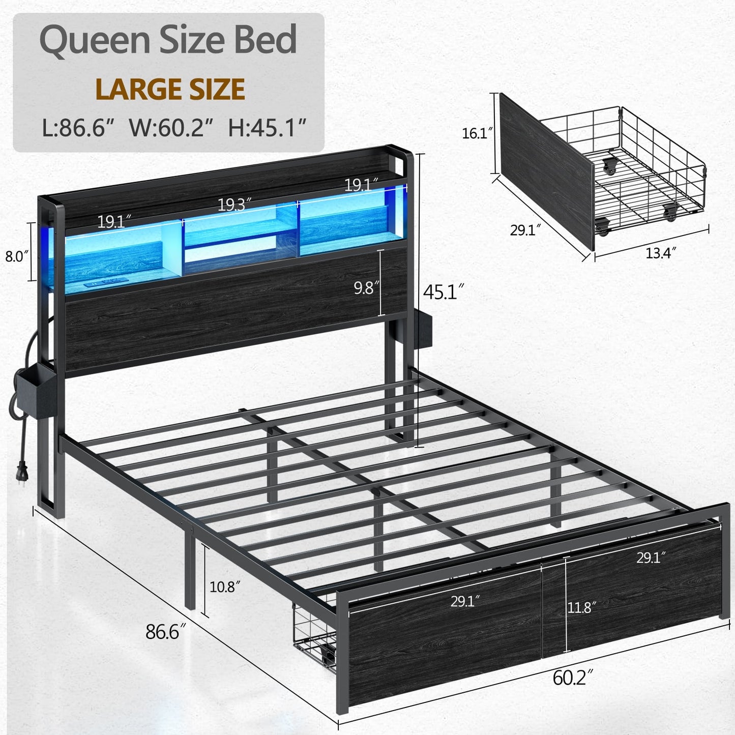 Hexmn Queen Size LED Metal Bed Frame Built-In Charging, Platforrm Storage Bed Frames Under-bed Storage and Noise Free Design