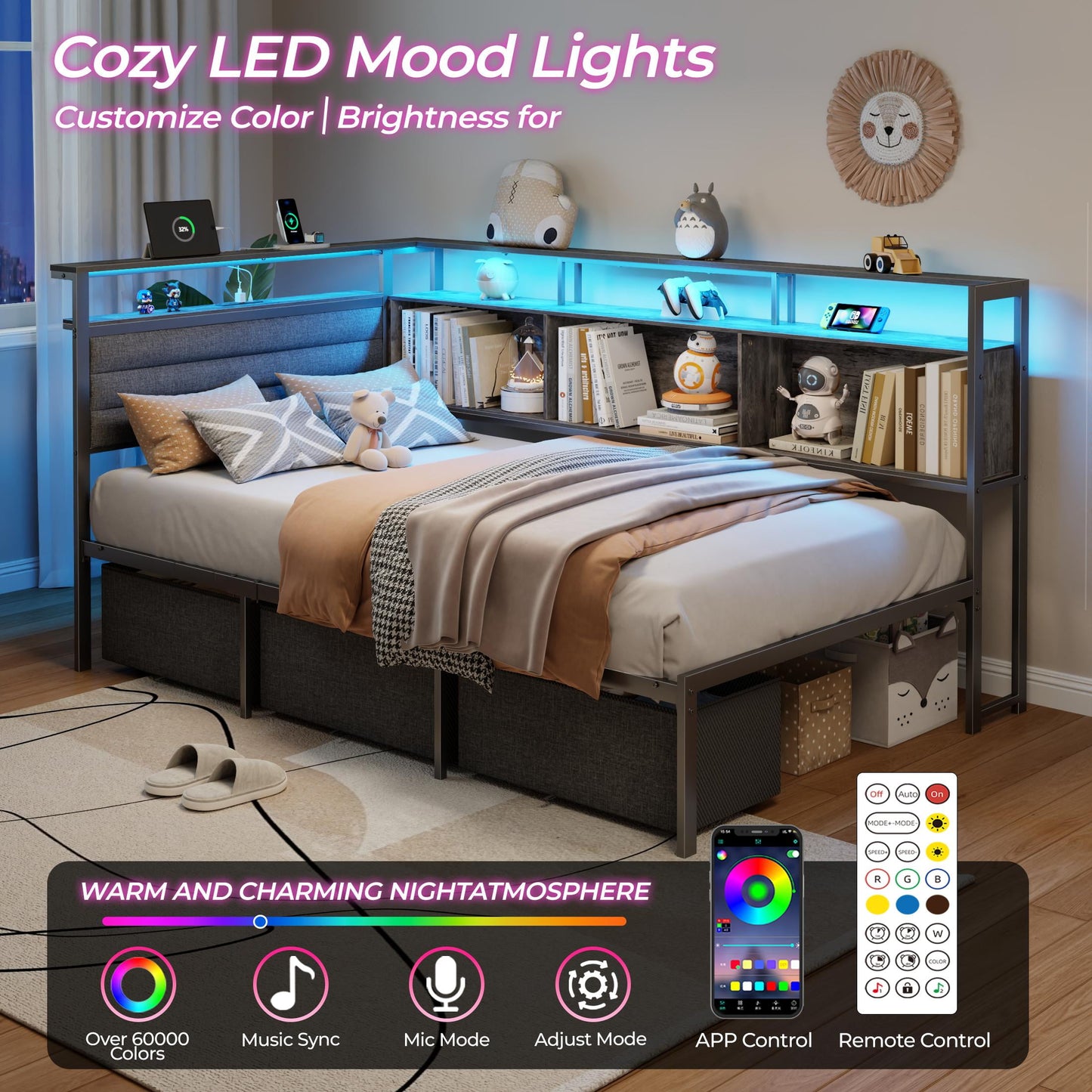 Tydimor L-Shaped Corner Bed Frame with 3 Storage Drawers, 3 Cubbies & Double-Layer Shelf, LED Lights & Power Outlet, Corner Twin Beds for Living Room, Bedroom and Guest, Grey Oak