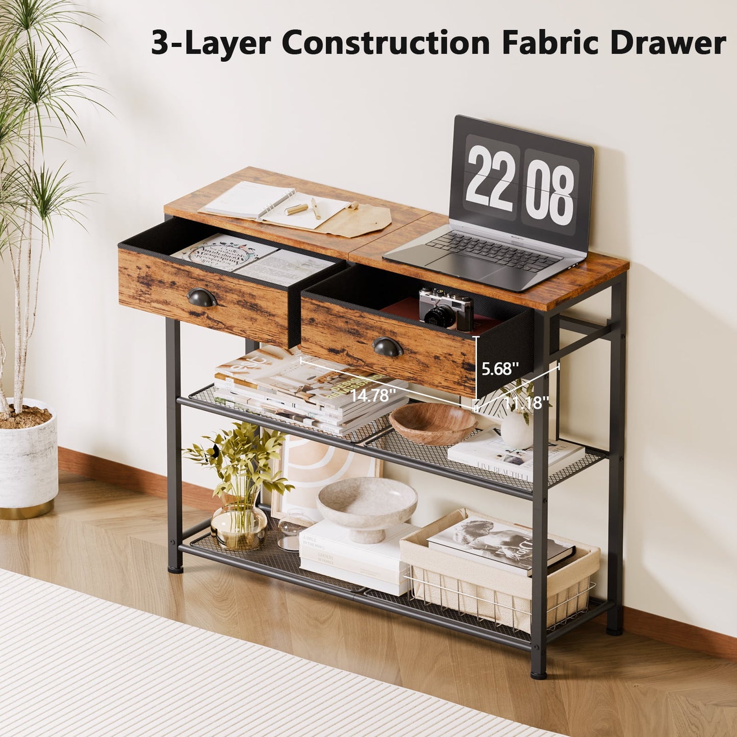 Satifur 30 inch Extra Long Entryway Table with Upgraded Fabric Drawers Console Table Metal Frame with Shelves for Living Room, Hallway