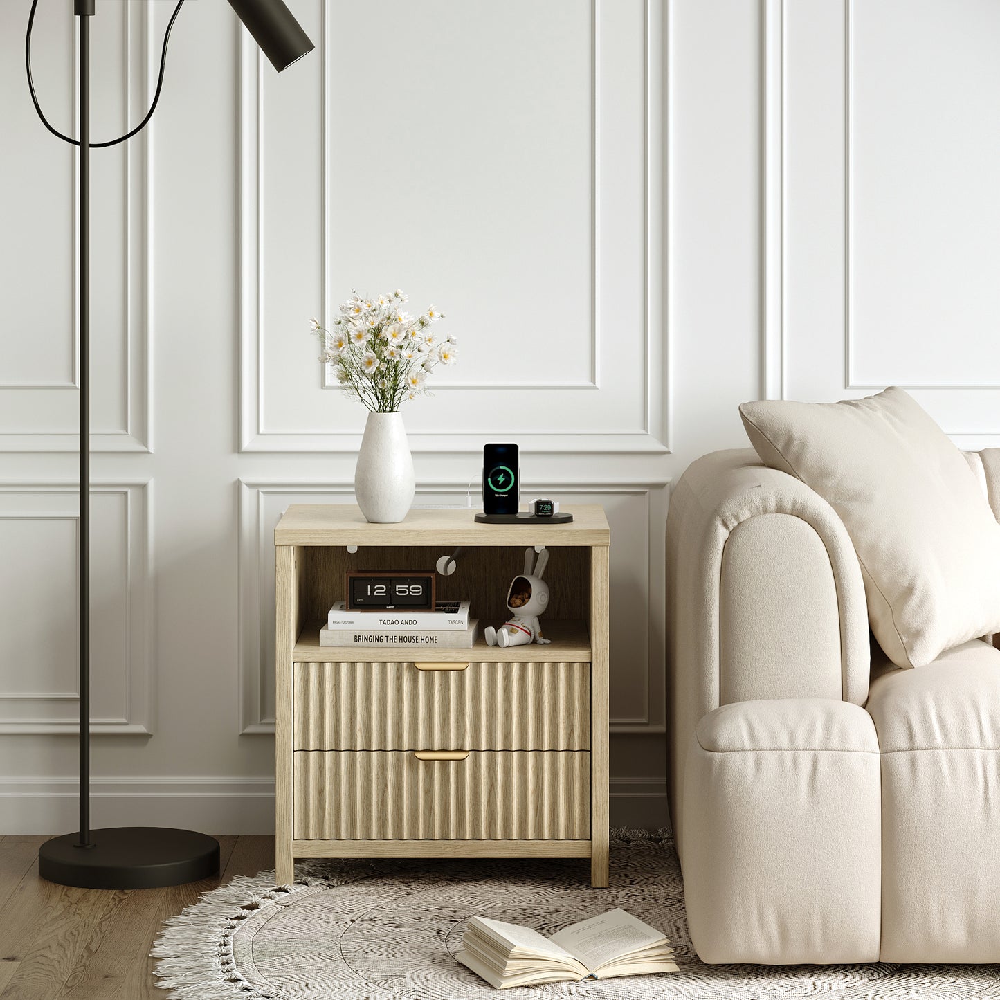 Satifur Modern Fluted Nightstand with Charging Station & 2 Storage Drawer for Bedroom,Light Oak Grain