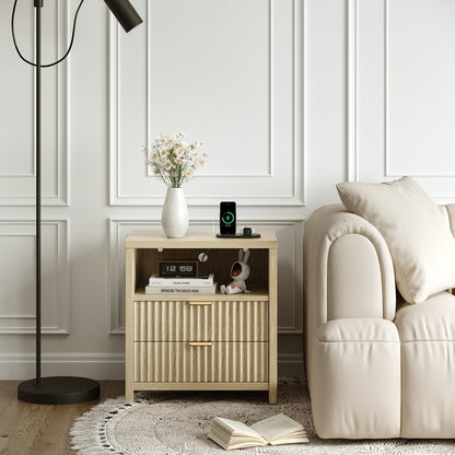 Satifur Modern Fluted Nightstand with Charging Station & 2 Storage Drawer for Bedroom,Light Oak Grain