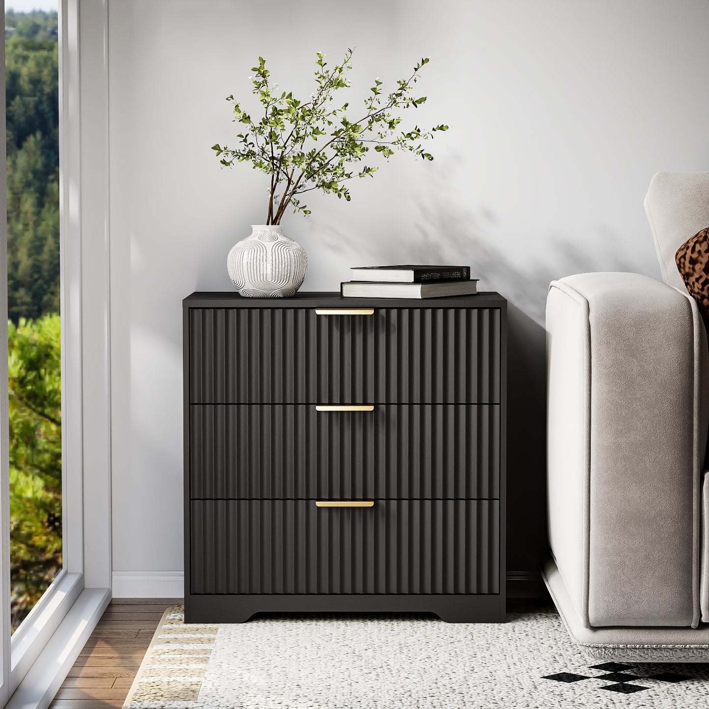 Tydimor Modern Nightstand with 3 Wooden Drawers, Bedside Table for Living Room, Black,Set of two