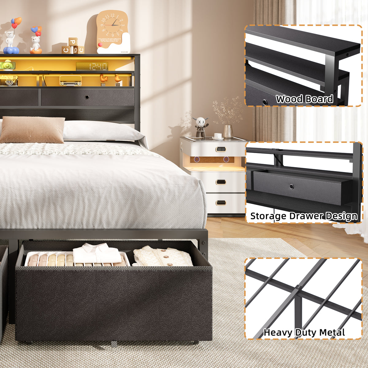 Satifur LED Full Bed Frame with Storage Headboard and Drawers,Heavy Duty Platform Bed with Charging Station, No Box Spring Needed