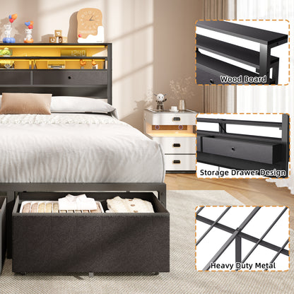 Satifur LED Full Bed Frame with Storage Headboard and Drawers,Heavy Duty Platform Bed with Charging Station, No Box Spring Needed