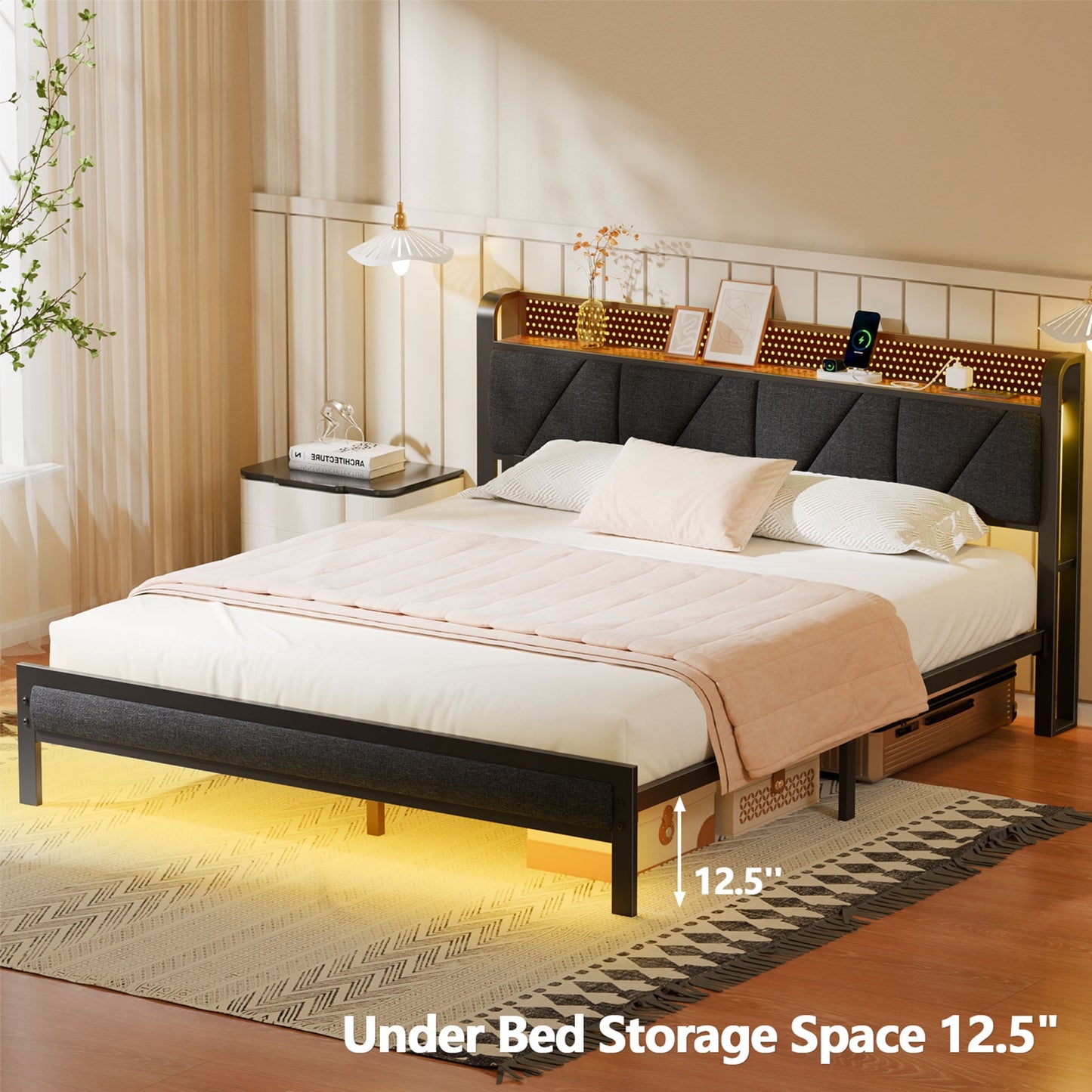 Satifur King Bed Frame with Upholstered Storage Headboard, Metal Platform Bed Station with Charging Station & LED, Noise-Free.No Box Spring Needed