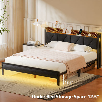 Satifur King Bed Frame with Upholstered Storage Headboard, Metal Platform Bed Station with Charging Station & LED, Noise-Free.No Box Spring Needed