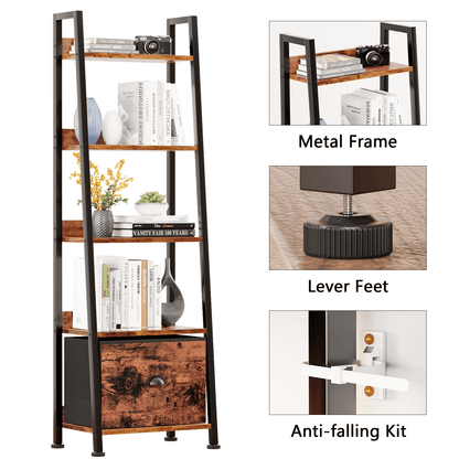 Tydimor 5-Tier Ladder Bookshelf With Drawer, Leaning Bookcase Storage Display Shelf,Rustic Brown