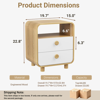 Satifur 2-Drawer Nightstand, White Bedside Table with Open Shelf & Wood Frame, Compact Storage for Bedroom, Living Room