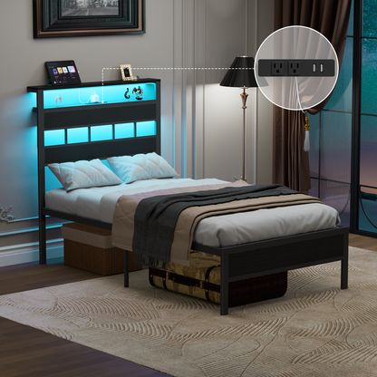 Satifur Twin Size Bed Frame with Storage Headboard and LED Light, Platform Bed with Metal Slats, Noise Free Design