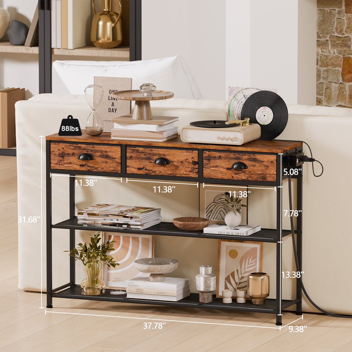 Satifur 38" Entryway Table with Power Outlets, Console Table with 3 Fabric Drawers, Hallway Table, Rustic Brown