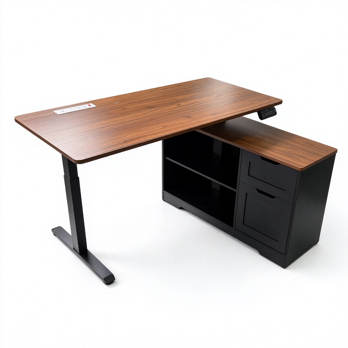 Satifur 55 Inch Electric Standing Desk with Power Outlet, Height Adjustable Computer Desk with 3 Drawers for Home Office, Dark Wood Grain and Black